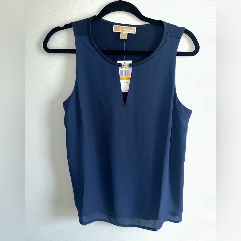 Michael Kors Navy Blue Sleeveless Blouse Gold Hardware Accent size S